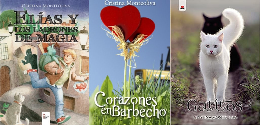 Cubiertas de los tres libros publicados de Cristina