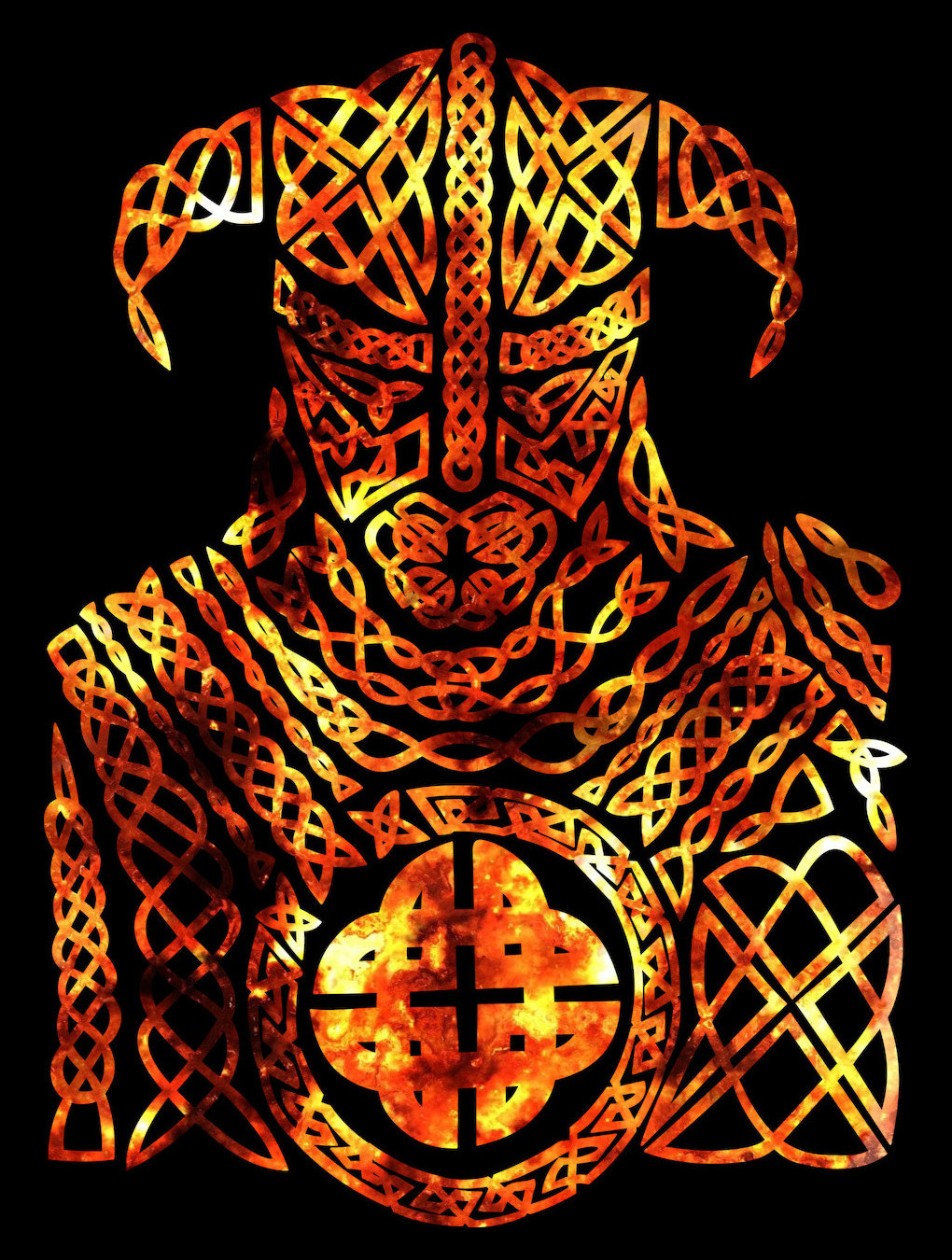 Sobre fondo negro, la imagen de un vikingo (sí, con cuernos) hecho ha base de trazos tipo "tribal" y en llamas. A la izquierda se lee, en vertical y con tipografía blanca que simula runas, "DIOSES DE", y a la derecha, de igual manera, "NUEVA ASGARD"