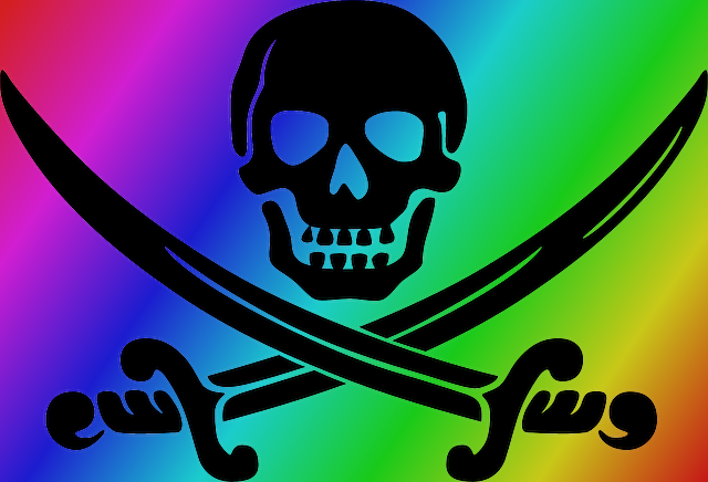 El símbolo pirata (la calavera con dos espadas cruzadas debajo) sobre un fondo arcoiris