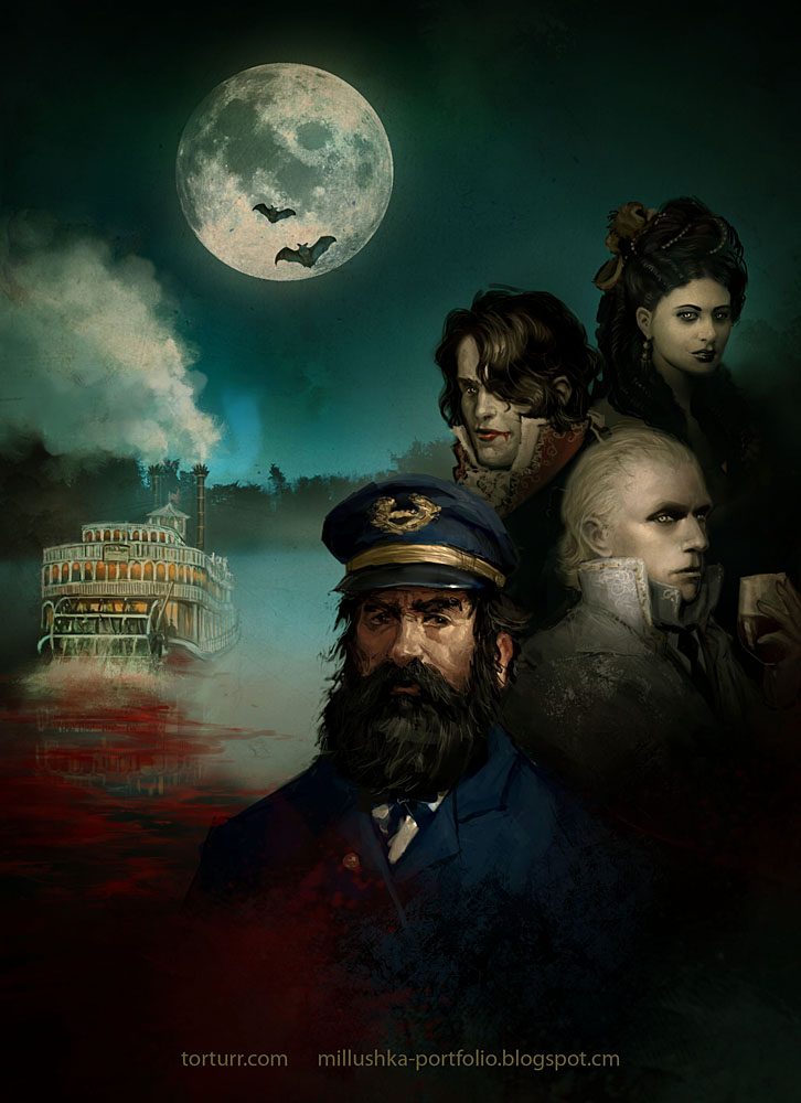 Ilustración de los personajes sobre un fondo nocturno, con el barco a un lado y la luna llena en el cielo