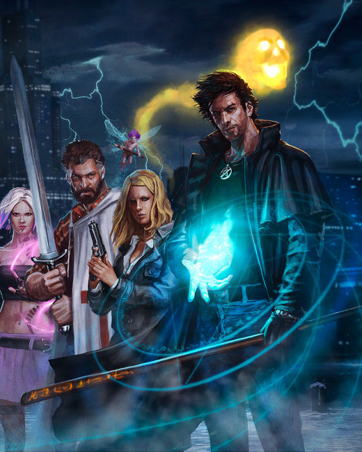 Ilustración de Harry con algunos de sus aliados; al fondo se ve la ciudad de Chicago