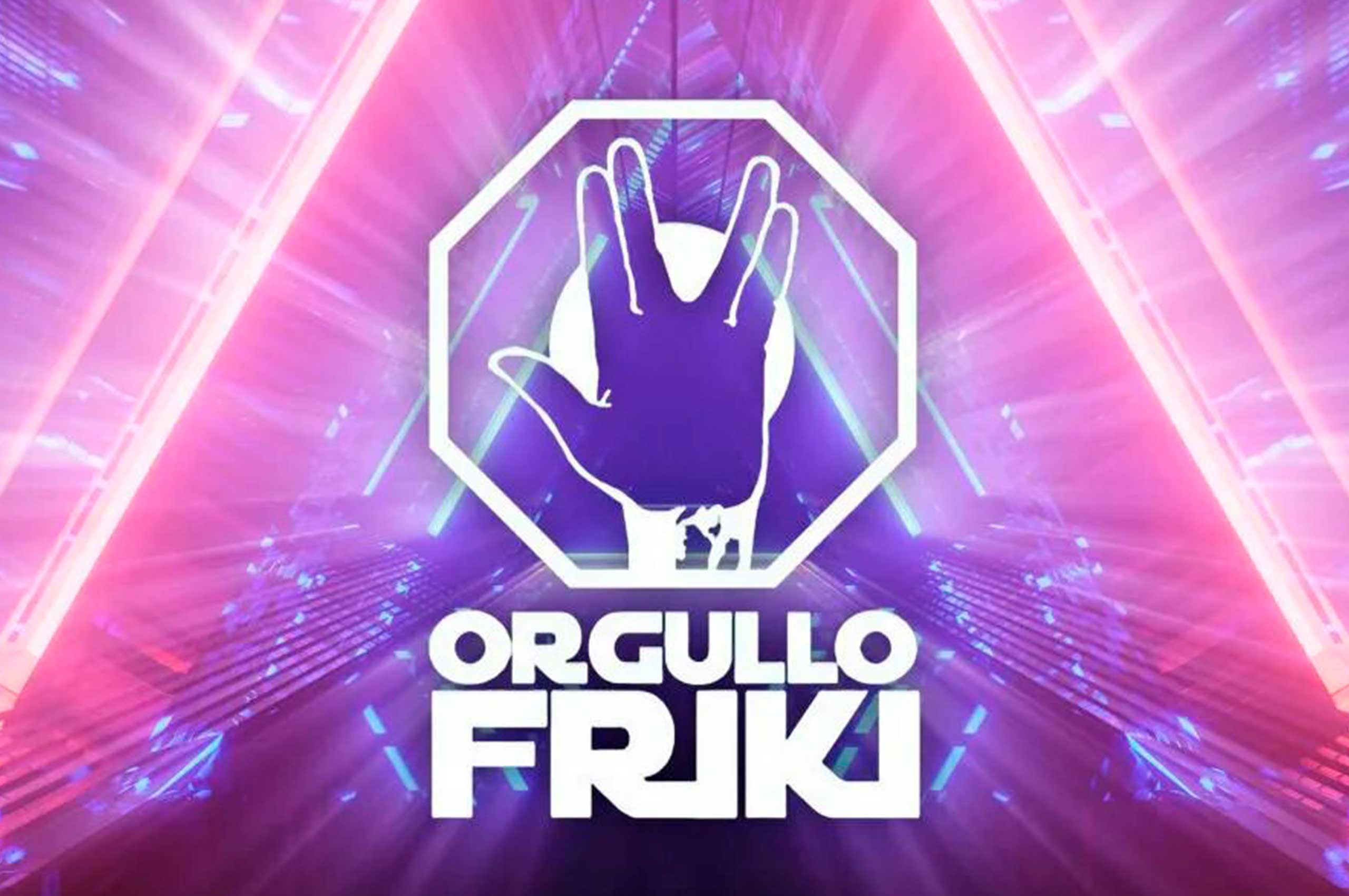 El símbolo del orgullo friki, con el texto "ORGULLO FRIKI" debajo, sobre un fondode neones de tonos violáceos