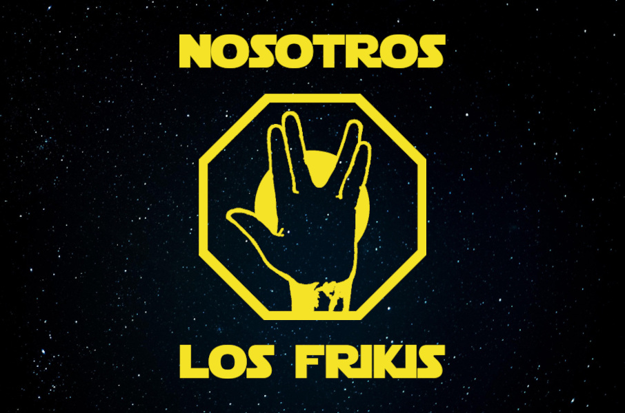 Sobre un fondo negro estrellado, el símbolo del orgullo friki (una mano haciendo el saludo vulcaniano dentro de un octógono), con el título del artículo escrito con los caracteres típicos de Star Wars