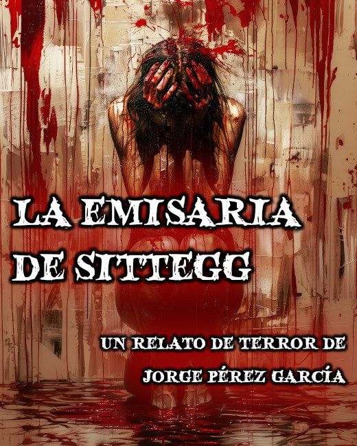 Una figura, en apariencia femenina, está acuclillada con las manos sobre la cabeza; toda la escena aparece ensangrentada. Sobreimpreso en letras blanca, el título; un poco más abajo y con letras algo más pequeñas, «Un relato de Jorge Pérez García»