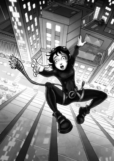 Ilustración en blanco y negro donde se ve a la protagonista desde arriba vestida con ropa de escalada, arnes y una cuerda rota que le hace caer hacia la calle desde un rascacielos