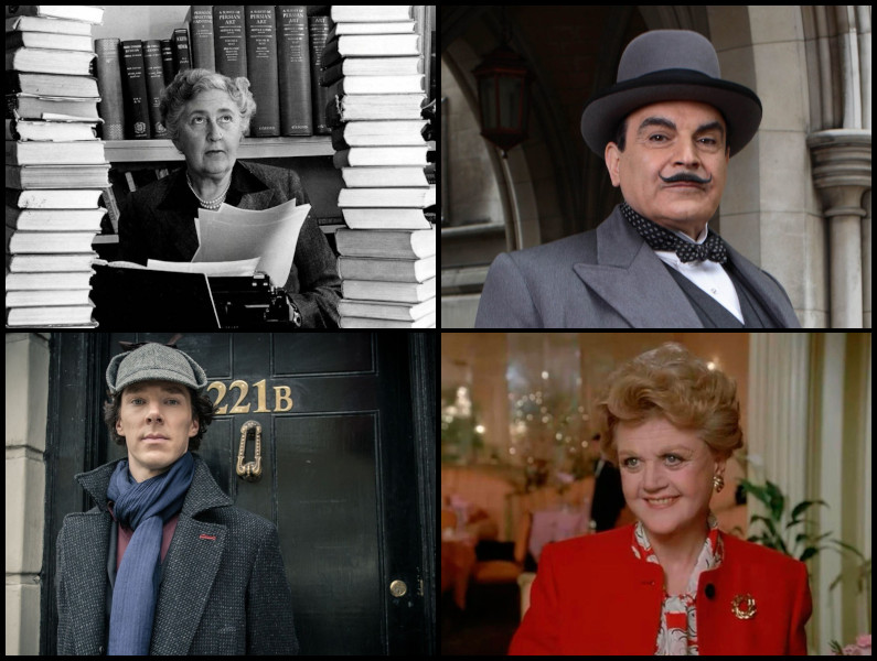 Fotomontaje con cuatro personas: Agatha Christie, Hércules Poirot, Sherlock Holmes (versión de Benedict Cumberbatch) y Jessica Fletcher