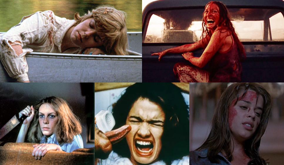 Fotomontaje con las Final Girls mencionadas: Alice reposando en una barca; Sally cubierta de sangre y gritando en la parte trasera de una camioneta; Laurie detrás de un sofá empuñando un cuchillo; Nancy sujetando el auricular de un teléfono del que sale una lengua; Sidney con la cara manchada de sangre