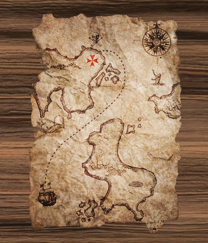 Ilustración de un mapa con varias islas en la que una tiene marcada una cruz.