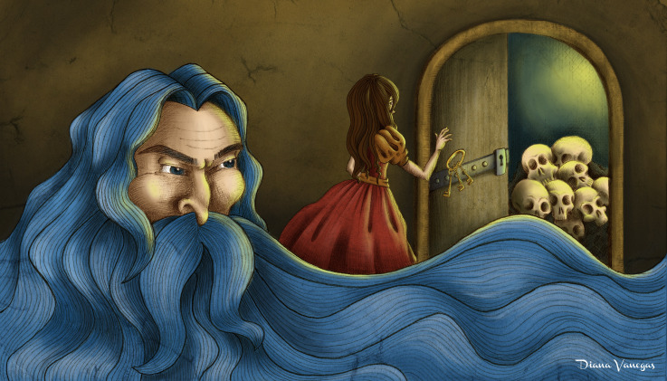 Ilustración con Barba Azul en primer plano; al fondo se ve a su esposa abriendo una puerta, por la que se ven unas cuantas calaveras.