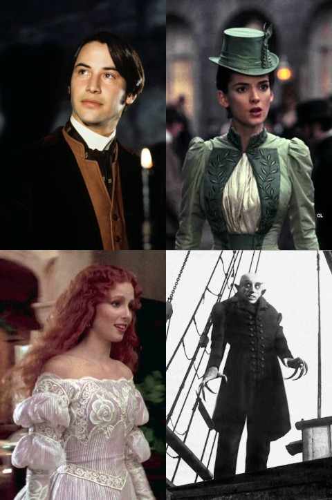 Fotomontaje con los personajes de Jonathan Harker (Keanu Reeves), Mina Harker (Winona Ryder), Lucy Holmwood (Sadie Frost), los tres de la película Drácula de Bram Stoker (1992), y el Conde Orlok (Max Schreck), de la película Nosferatu (1922)